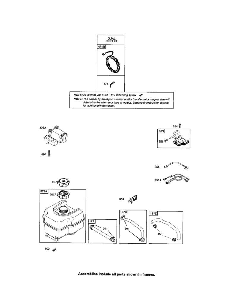 Alternator/Fuel Tank Diagram and Parts List for 20P400 0015-0019 Briggs and Stratton Engine